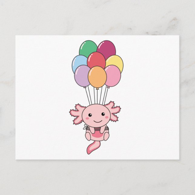 Postal Axolotl Voló Con Globos Coloridos (Anverso)