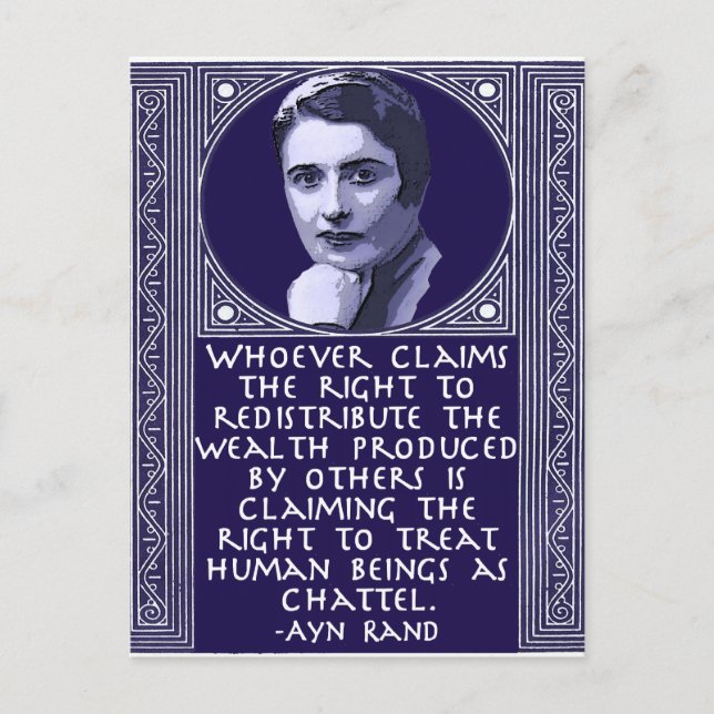 Postal Ayn Rand sobre la redistribución de la riqueza (Anverso)