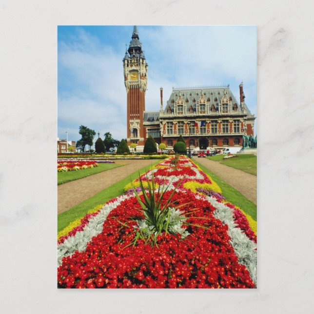 Postal Ayuntamiento rosa, Calais, flores de Francia (Anverso)