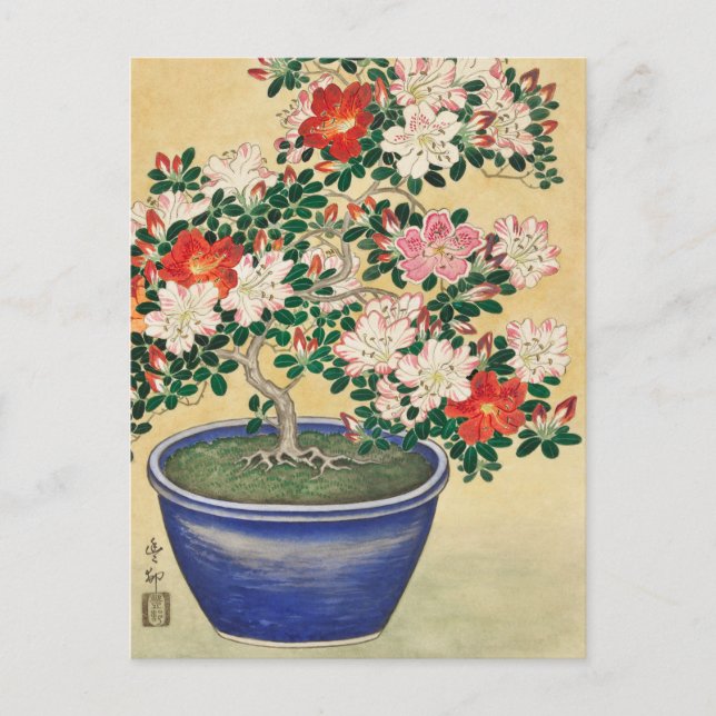 Postal Azalea floreciente en una olla azul de Ohara Koson (Anverso)