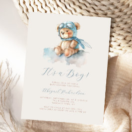 Postal Azul acuarela Teddy Bear Boy Baby Shower