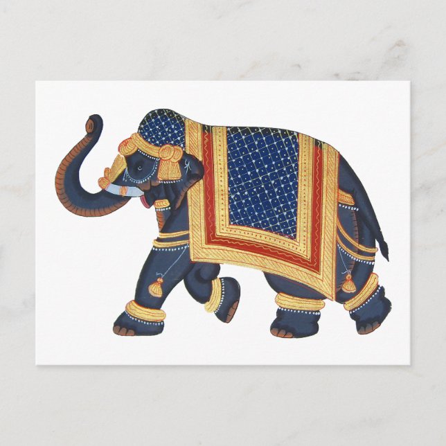 Postal azul blanco gris dorado rojo Elefante estilo India (Anverso)