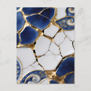 Postal Azul Blanco Oro Kintsugi Porcelana Mosaico