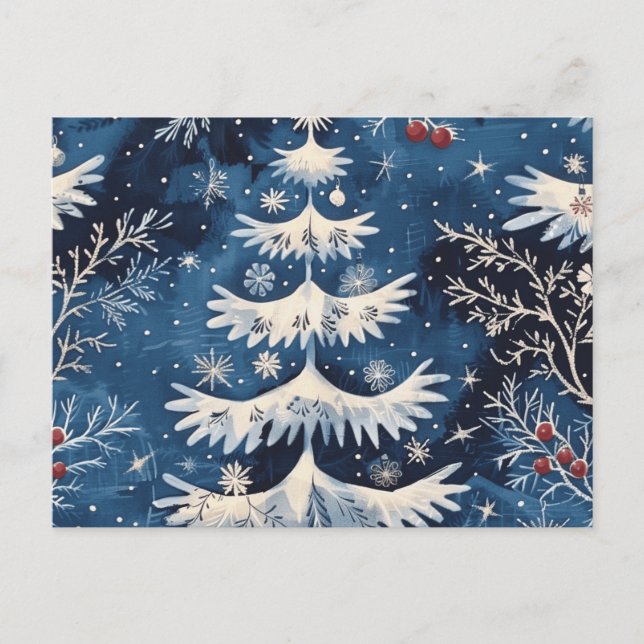 Postal azul de árbol de Navidad blanco (Anverso)