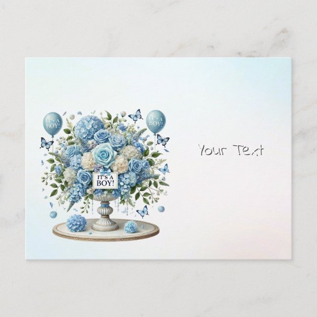 Postal azul de la vasa floral blanca (Anverso)