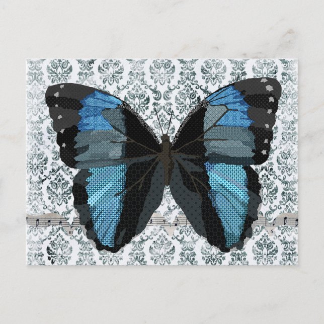 Postal azul del damasco de la mariposa de Boho (Anverso)