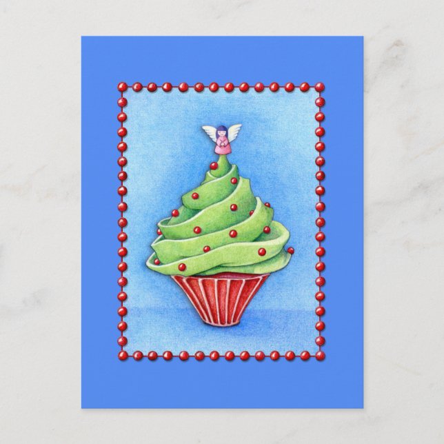 Postal azul del pastel de árbol de navidad (Anverso)