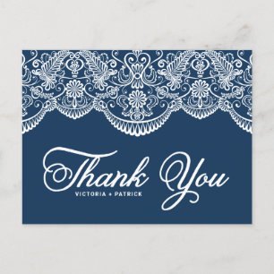 Postal Azul Elegante Brocado Botánico Encaje Agradecer