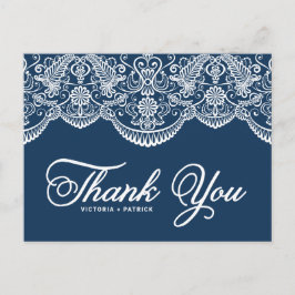 Postal Azul Elegante Brocado Botánico Encaje Agradecer