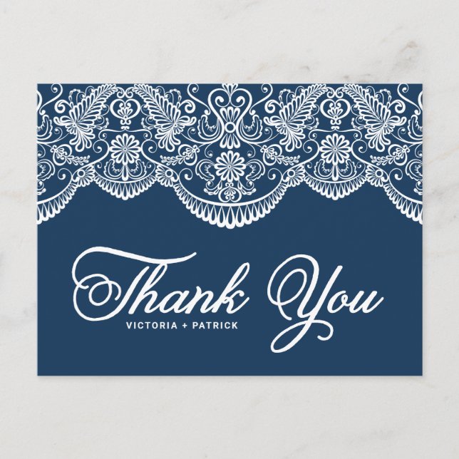 Postal Azul Elegante Brocado Botánico Encaje Agradecer (Anverso)