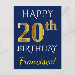 Postal Azul, Faux Gold 20 cumpleaños + Nombre personaliza