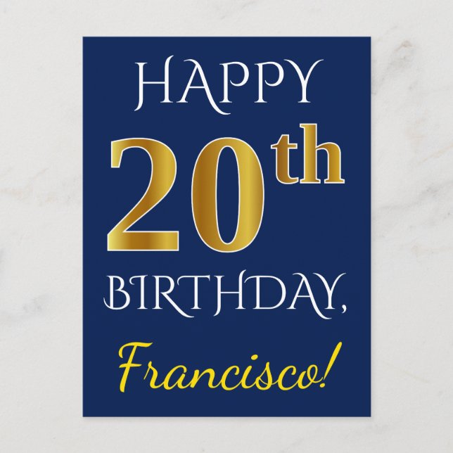 Postal Azul, Faux Gold 20 cumpleaños + Nombre personaliza (Anverso)