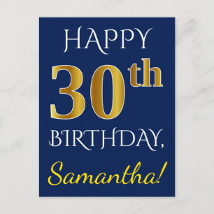 Postal Azul, Faux Gold 30 cumpleaños + Nombre personaliza