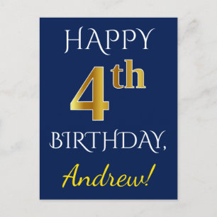 Postal Azul, Faux Gold 4º cumpleaños + Nombre personaliza