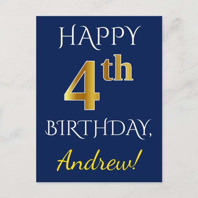 Postal Azul, Faux Gold 4º cumpleaños + Nombre personaliza (Anverso)