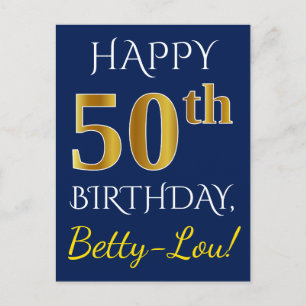 Postal Azul, Faux Gold 50 cumpleaños + Nombre personaliza