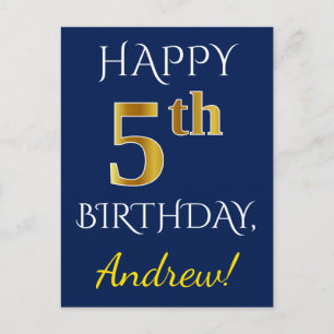 Postal Azul, Faux Gold 5 cumpleaños + Nombre personalizad