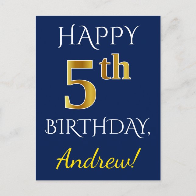Postal Azul, Faux Gold 5 cumpleaños + Nombre personalizad (Anverso)