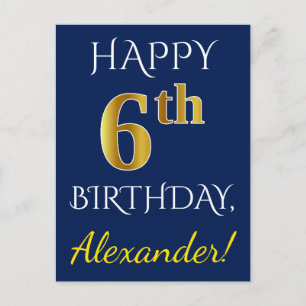 Postal Azul, Faux Gold 6Cumpleaños + Nombre Personalizado