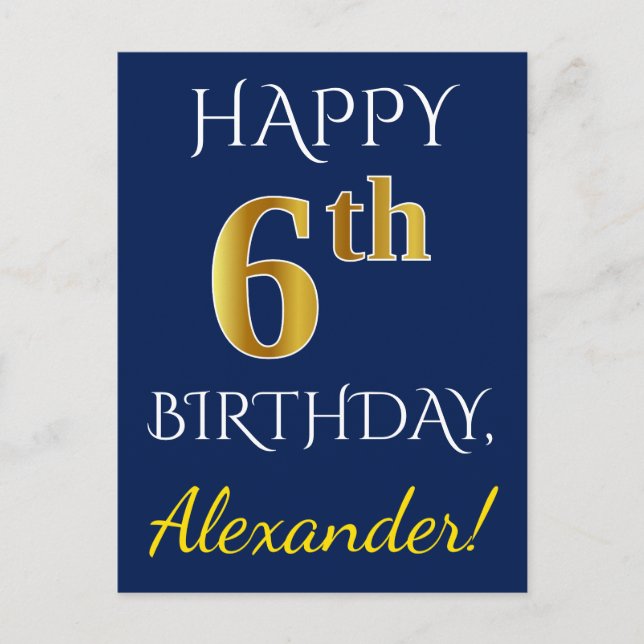 Postal Azul, Faux Gold 6Cumpleaños + Nombre Personalizado (Anverso)