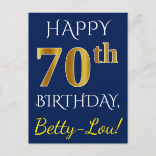 Postal Azul, Faux Gold 70 cumpleaños + Nombre personaliza
