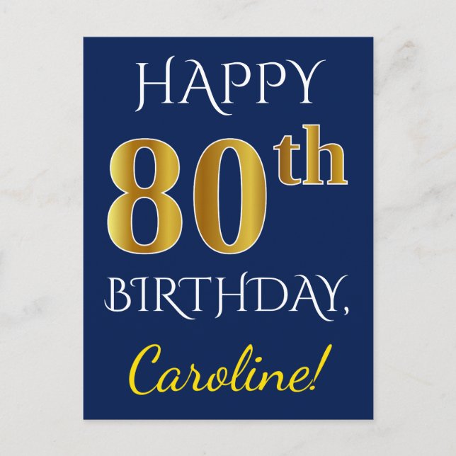 Postal Azul, Faux Gold 80th Birthday + Nombre personaliza (Anverso)