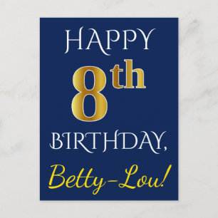 Postal Azul, Faux Gold 8Cumpleaños + Nombre Personalizado