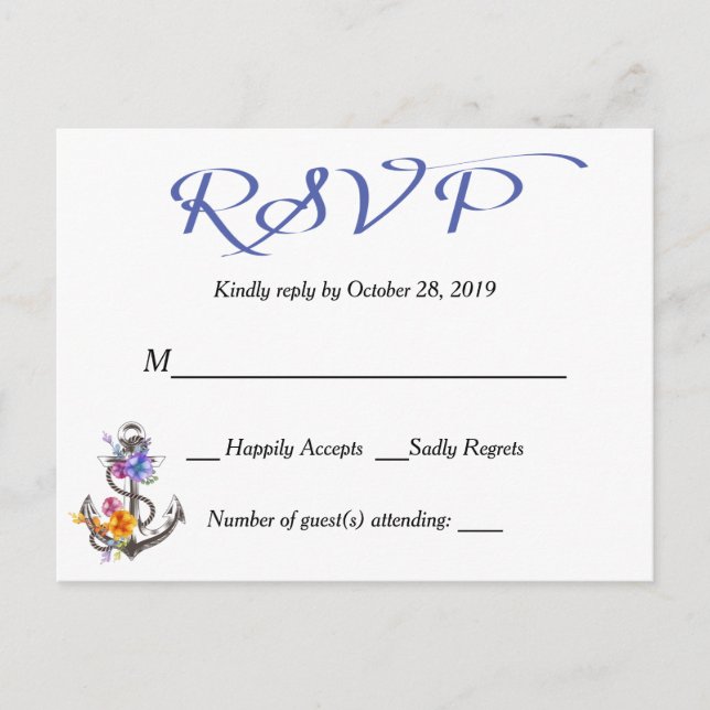 Postal azul floral de anclaje de barco RSVP Náutic (Anverso)