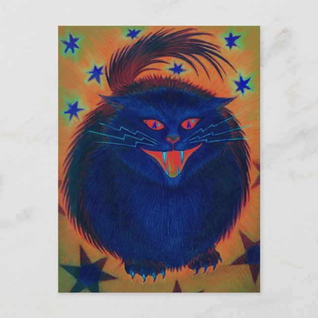 Postal azul gato asustado (Anverso)
