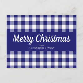 Postal Azul Gingham Cuadros Letra Script Feliz Navidad