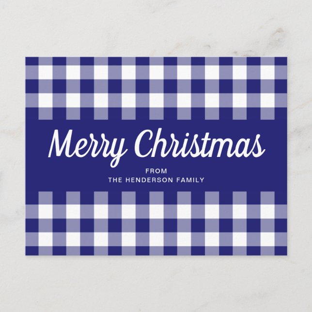 Postal Azul Gingham Cuadros Letra Script Feliz Navidad (Anverso)