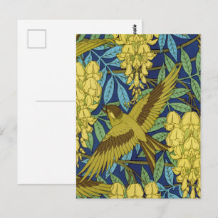 Postal Azul Marino Antiguo Pájaro y Patrón Floral Amarill