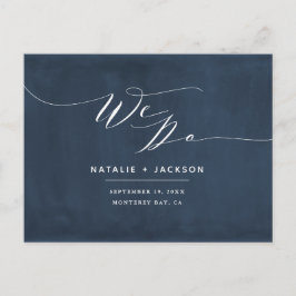 Postal Azul marino + blanco hacemos boda elegante