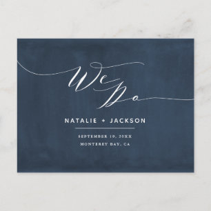 Postal Azul marino + blanco hacemos boda elegante