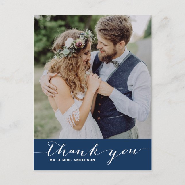 Postal Azul marino | Boda de script Gracias Postcard vert (Anverso)