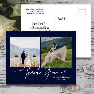 Postal Azul Marino Casual Escritura Foto Boda Agradecimie