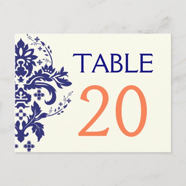 Postal azul marino Damask, número de tabla de boda de cor (Anverso)