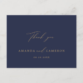 Postal Azul marino de caligrafía de oro romántico gracias