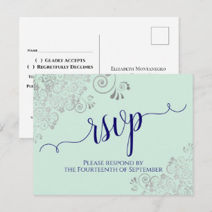 Postal Azul marino de caligrafía en boda de menta RSVP