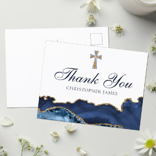 Postal Azul Marino Oro Cruz Cristiana Personalizada Graci
