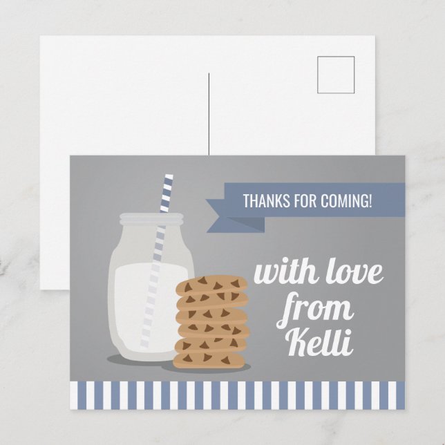 Postal Azul Moderno Leche y Galletas Rayado Gracias (Anverso / Reverso)