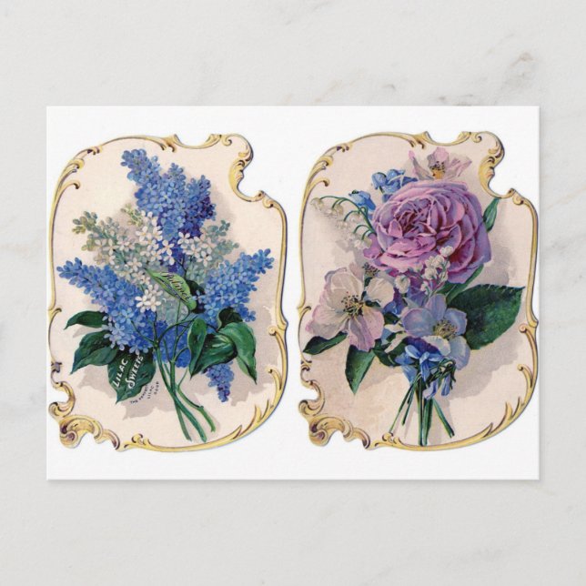 Postal azul morada floral vintage (Anverso)