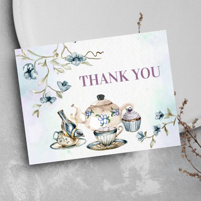 Postal Azul morado acuarela fiesta de té floral gracias (Tea party thank you card vintage tea pot cup little bird flowers pastel lilac blue theme )