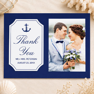 Postal Azul Náutico Ancla Boda Foto Agradecimiento