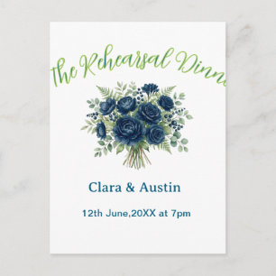 Postal azul verde floral la cena de ensayo editable na