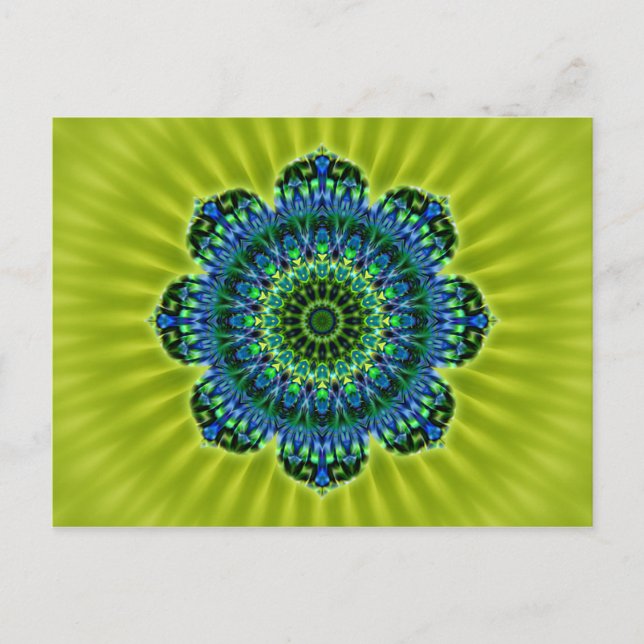 Postal azul verde Mandala | flor ligera (Anverso)