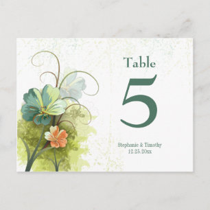Postal Azul verde + melocotón boda floral número de tabla