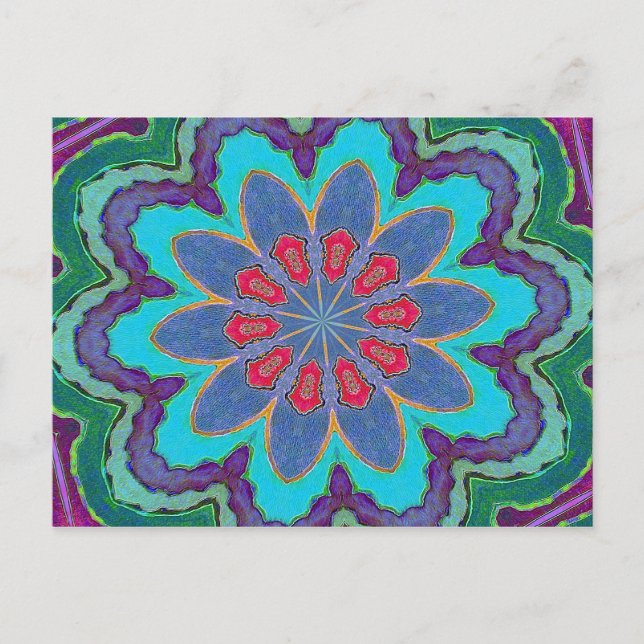 Postal azul verde rojo morado Mandala (Anverso)
