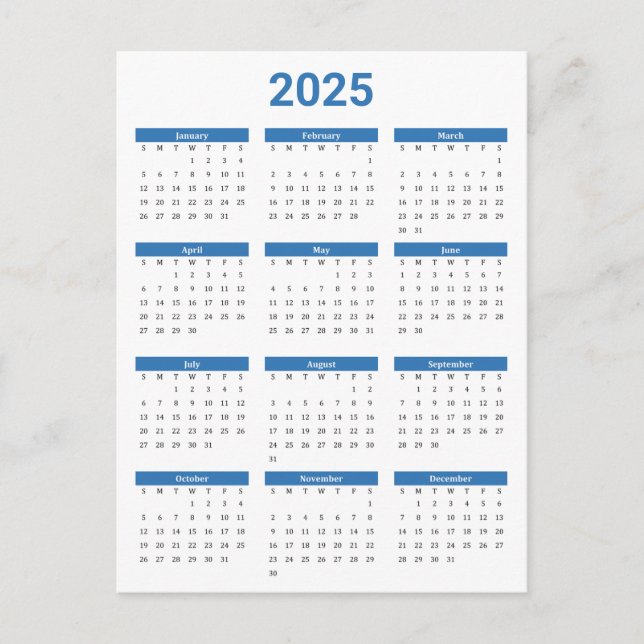 Postal Azul y blanco 2025 año en un calendario de resumen (Anverso)