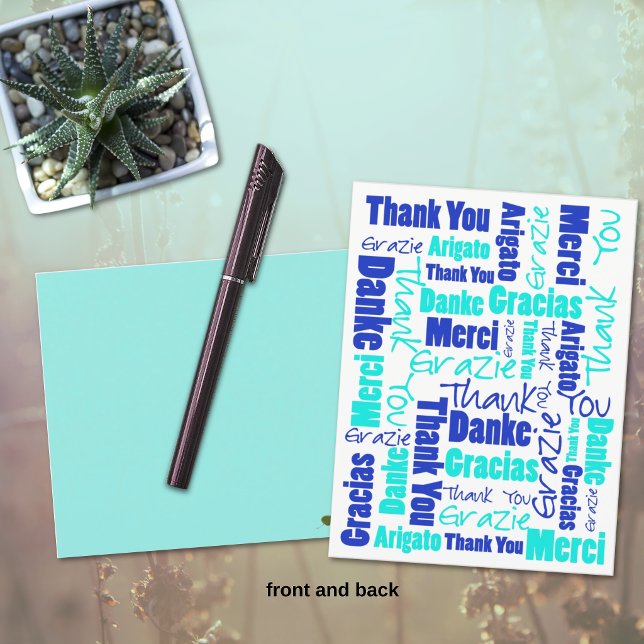 Postal Azul y Turquesa Multilingüe Gracias (Front multilingual blue and turquoise thank you typography postcard.)